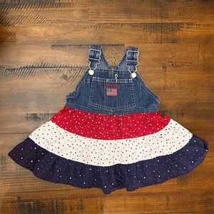 OshKosh B'gosh blue jean patriotic red white blue tiered overall dress SIZE 12M